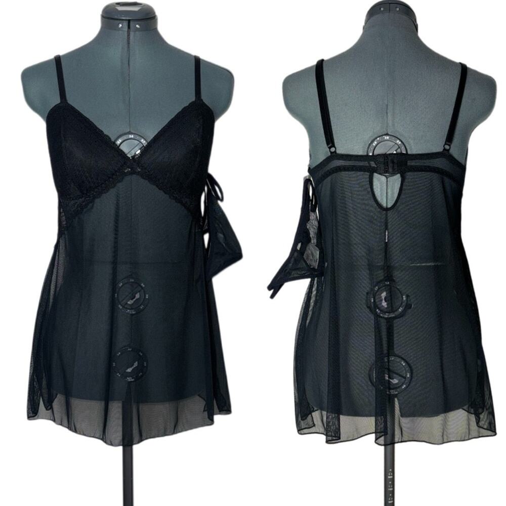 NWT Flora Black babydoll set lingerie women's medium black sheer chemise & thong